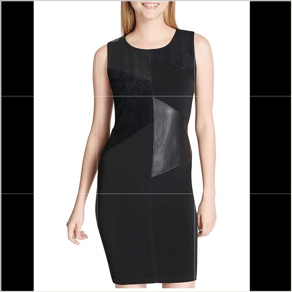 Sleeveless dress w/faux leather & suede